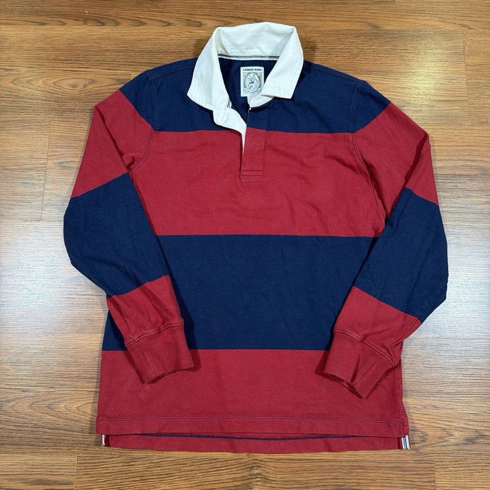 Land's End Rugby Shirt Size S Striped Long Sleeve Heavyweight Red Blue Striped